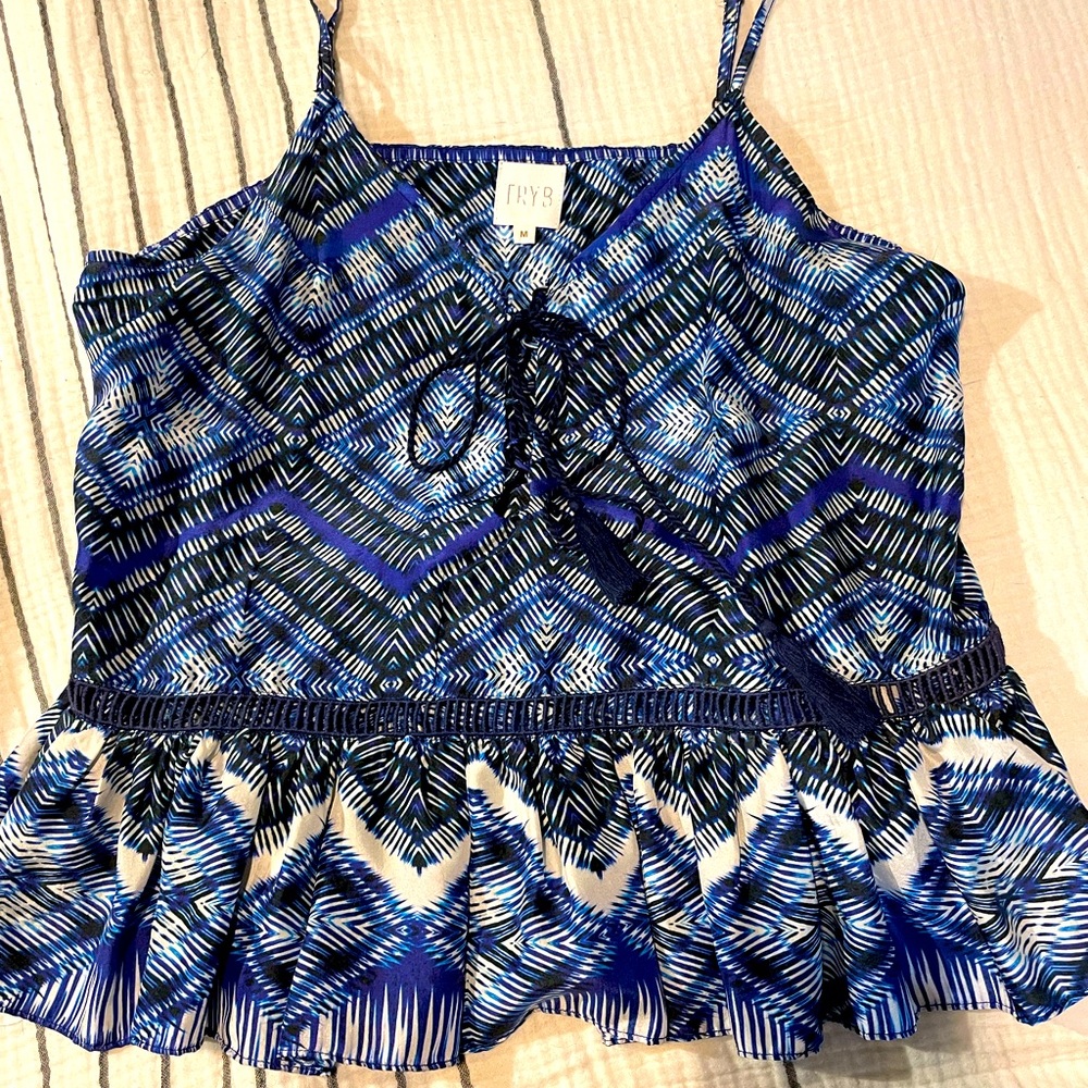 Vibrant TRYB blouse. So much detail. Vivid blue colors.